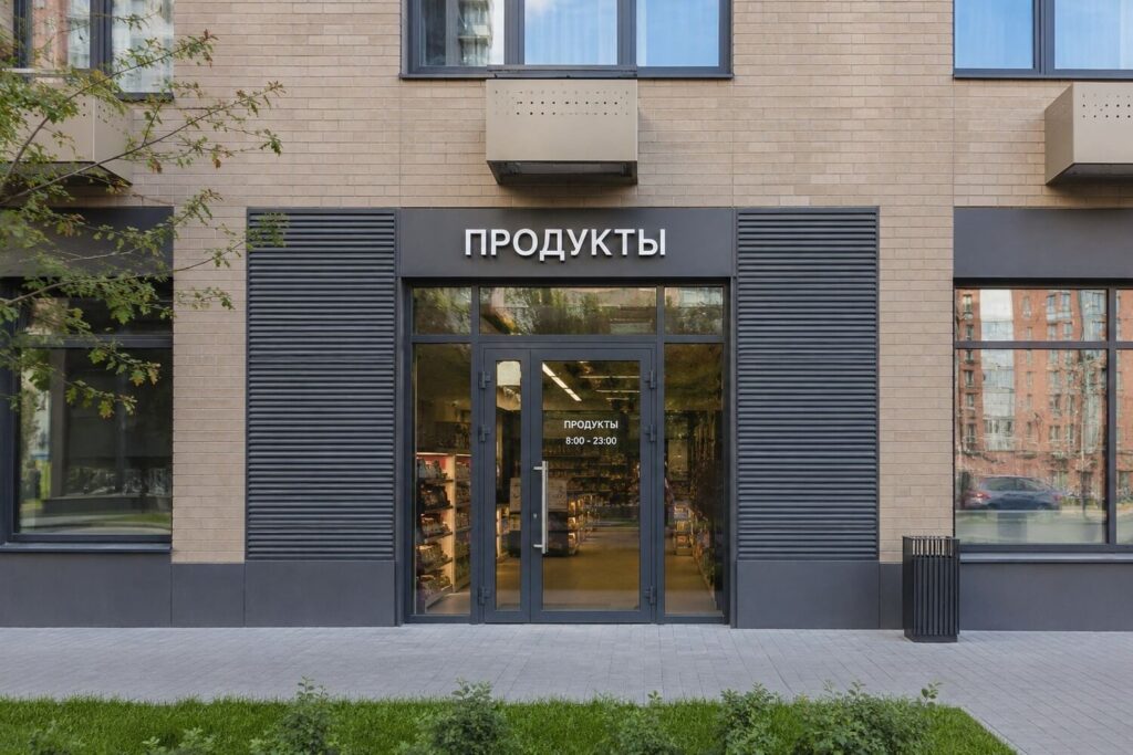 Вход в магазин на первом этаже жилого дома